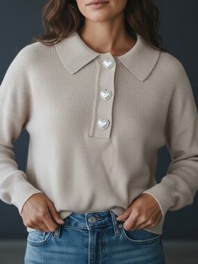 Sioni Cream Collared Knit Top with Heart Buttons